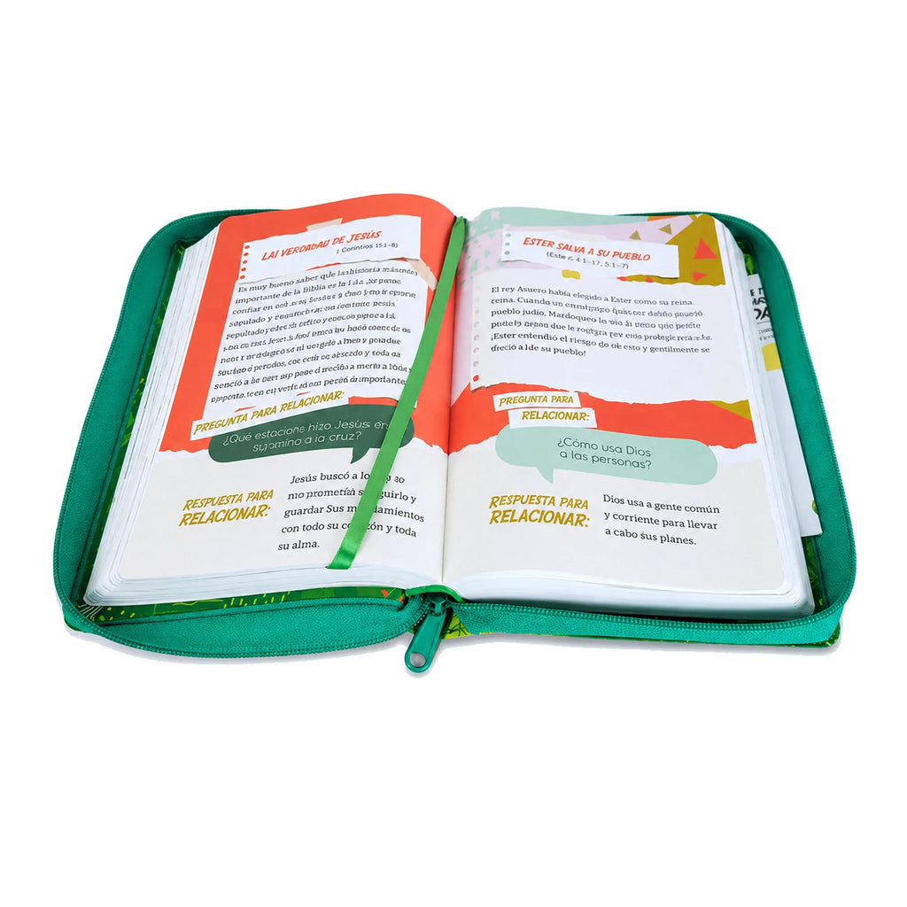 Biblia Interactiva para Niños Color Verde con Póster de Actividades letra grande